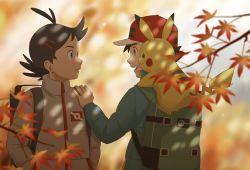 Rule 34 | 2boys, antenna hair, ash ketchum, autumn leaves, backpack, bag, black hair, blue eyes, blurry, brown eyes, commentary request, creatures (company), eye contact, eyelashes, game freak, gen 1 pokemon, goh (pokemon), green bag, grey jacket, hand on another&#039;s shoulder, hat, jacket, long sleeves, looking at another, male focus, minato (mntnm), multiple boys, nintendo, open mouth, pikachu, pokemon, pokemon (anime), pokemon (creature), pokemon journeys, pokemon on back, red headwear, short hair, smile, strap