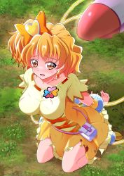 Rule 34 | 1girl, absurdres, blush, boots, breasts, choker, clover ornament, corset, cure pine, earrings, energy drain, fresh precure!, grass, hair ornament, heart, heart earrings, heart hair ornament, highres, jewelry, kneeling, large breasts, looking at viewer, medium hair, open mouth, orange choker, orange skirt, outdoors, pouch, precure, restrained, shirt, short sleeves, shorts, shorts under skirt, side ponytail, skirt, sweatdrop, tirofinire, torn clothes, wrist cuffs, yamabuki inori, yellow eyes, yellow footwear, yellow shirt