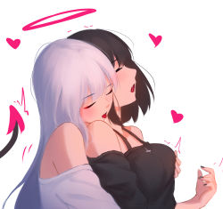 Rule 34 | 2girls, bare shoulders, black hair, black nails, black shirt, blush, grabbing another&#039;s breast, breasts, closed eyes, demon horns, demon tail, dress, from side, grabbing, grabbing from behind, heart, highres, horns, hug, large breasts, long hair, multiple girls, nail polish, open mouth, original, profile, purple hair, red horns, saliva, shimmer, shirt, short hair, simple background, tail, tail raised, tongue, tongue out, trembling, upper body, white background, white dress, white hair, yuri