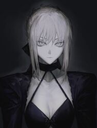 Rule 34 | 1girl, absurdres, artoria pendragon (all), artoria pendragon (fate), black background, black dress, black ribbon, blonde hair, braid, breasts, cleavage, dark persona, dress, e9 ek3s, expressionless, fate/grand order, fate (series), french braid, hair between eyes, hair ribbon, highres, juliet sleeves, long hair, long sleeves, looking at viewer, medium breasts, puffy sleeves, ribbon, saber (fate), saber alter, simple background, small breasts, solo, upper body, yellow eyes