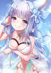 Rule 34 | 1girl, absurdres, animal ears, bare shoulders, bikini, blue eyes, blush, bracelet, breast hold, breasts, cloud, cloudy sky, collar, collarbone, day, erune, granblue fantasy, hair ornament, hand up, highres, jewelry, korwa, korwa (summer) (granblue fantasy), leaning forward, long hair, looking at viewer, medium breasts, outdoors, parted lips, scan, see-through, shiny skin, simple background, sky, smile, solo, swimsuit, topia, water, water drop, wet, white hair