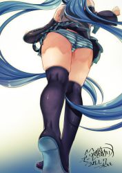 Rule 34 | 1girl, 2017, aqua hair, artist name, ass, bad id, bad nicoseiga id, black footwear, black thighhighs, boots, dated, detached sleeves, from below, gradient background, hatsune miku, head out of frame, highres, kitasaya ai, long hair, outstretched arms, panties, pantyshot, pleated skirt, signature, skindentation, skirt, solo, standing, striped clothes, striped panties, thigh boots, thighhighs, twintails, underwear, very long hair, vest, vocaloid, walking