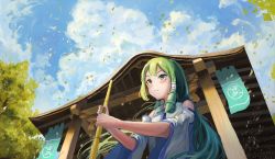 Rule 34 | 1girl, architecture, bamboo broom, blue sky, blush, broom, cloud, day, detached sleeves, dutch angle, east asian architecture, falling leaves, fjsmu, from below, green eyes, green hair, hair ornament, hair tubes, highres, holding, holding broom, kochiya sanae, leaf, light smile, long hair, looking away, moriya shrine, outdoors, outstretched arms, parted bangs, rope, shimenawa, shrine, single sidelock, sky, snake hair ornament, solo, touhou, tree, upper body, very long hair, vest, white vest