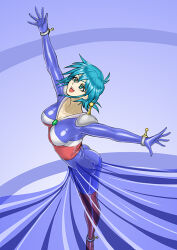 Rule 34 | 1girl, :d, allenby beardsley, arm up, ass, blue bodysuit, blue hair, bodysuit, bracelet, breasts, chobi kuma, commentary request, g gundam, green eyes, gundam, impossible bodysuit, impossible clothes, jewelry, looking up, materializing, medium breasts, mobile trace suit, multicolored bodysuit, multicolored clothes, official alternate costume, open mouth, paid reward available, red bodysuit, short hair, simple background, skin tight, smile, solo, teeth, upper teeth only
