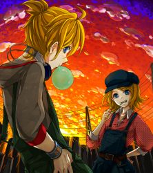 Rule 34 | 1boy, 1girl, akazaki (sxlan), alternate costume, bad id, blonde hair, blue eyes, brother and sister, blowing bubbles, cabbie hat, candy, casual, chewing gum, food, hat, headphones, kagamine len, kagamine rin, overalls, ponytail, power lines, siblings, sleeves pushed up, sunset, twins, vocaloid, wristband