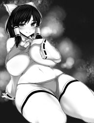 Rule 34 | 1girl, ascot, blush, bow, breasts, clothes lift, curvy, detached sleeves, fundoshi, greyscale, hair bow, hair tubes, hakurei reimu, hand on own chest, haseru (ginku mh), huge breasts, japanese clothes, looking at viewer, monochrome, navel, raised eyebrow, shirt lift, short hair, sitting, smile, solo, thick eyebrows, thick thighs, thighhighs, thighs, touhou, wide hips