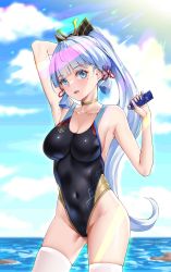 Rule 34 | 1girl, arm up, armpits, ayaka (genshin impact), blue eyes, blunt bangs, breasts, cleavage, competition swimsuit, covered navel, flower knot, genshin impact, hair ribbon, highleg, highleg swimsuit, highres, holding, jewelry, long hair, looking at viewer, lotion, matrix16, medium breasts, mole, mole under eye, neck ring, ocean, one-piece swimsuit, open mouth, ponytail, ribbon, silver hair, sky, solo, sunlight, sunscreen, swimsuit, thighhighs, tress ribbon, tube, white thighhighs