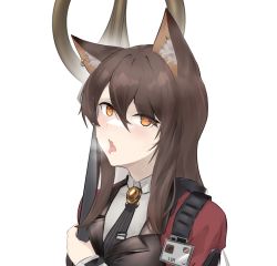 Rule 34 | 1girl, absurdres, animal ear fluff, animal ears, arknights, black necktie, breasts, brown hair, cat ears, collared shirt, earrings, grey shirt, heart, heart-shaped pupils, heavy breathing, highres, holding, holding staff, jewelry, large breasts, long hair, looking at viewer, naughty face, necktie, open mouth, orange eyes, sarea (sarea2020), shirt, simple background, skyfire (arknights), solo, staff, symbol-shaped pupils, tongue, tongue out, upper body, vertical-striped clothes, vertical-striped necktie, white background