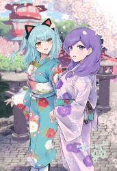 Rule 34 | 2girls, animal ear headphones, animal ears, ao no kiseki, architecture, blue hair, cat ear headphones, character request, cherry blossoms, commission, copyright request, double-parted bangs, east asian architecture, eiyuu densetsu, english text, fake animal ears, falling petals, fire emblem, floating hair, headphones, japanese clothes, kimono, low ponytail, multiple girls, nintendo, outdoors, pagoda, parted bangs, petals, ponytail, purple eyes, purple hair, signature, skeb commission, smile, tio plato, twintails, yellow eyes, yuuri (orz commushows), zero no kiseki