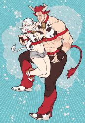 Rule 34 | 1boy, 1girl, abs, animal ears, animal print, bad id, bad pixiv id, bara, bare shoulders, bell, belt, black pants, blue eyes, boku no hero academia, bra, breasts, character request, chest harness, chinese zodiac, cleavage, cow boy, cow ears, cow girl, cow horns, cow print, cow tail, denim, denim shorts, endeavor (boku no hero academia), facial hair, father and daughter, fingerless gloves, full body, gloves, harness, highres, horns, jumping, kemonomimi mode, large pectorals, leg up, looking at another, mature male, midriff, muscular, muscular male, navel, neck bell, pants, pectoral cleavage, pectorals, print bra, red belt, red hair, scar, scar across eye, scar on arm, scar on face, short hair, short shorts, shorts, sideburns, spiked hair, stomach, stubble, tail, thick thighs, thighs, todoroki fuyumi, u2suke, underwear, white hair, year of the ox