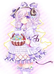 Rule 34 | 1girl, ;), basket, blush, bow, candy, commentary request, cowboy shot, curled horns, diagonal stripes, dress, food, frilled thighhighs, frills, gloves, hair bow, holding, holding basket, horns, konpeitou, long hair, one eye closed, original, pleated dress, puffy short sleeves, puffy sleeves, purple bow, purple dress, purple eyes, purple hair, red bow, shikito (yawa0w0), short sleeves, smile, solo, standing, star (symbol), striped, striped background, thighhighs, veil, very long hair, white gloves, white thighhighs