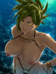 Rule 34 | armpits, bracelet, breasts, character request, green hair, hand on own hip, hip focus, jewelry, large breasts, lots of jewelry, mole, navel, pubic hair, schelz, short hair, slit pupils, water, yellow eyes