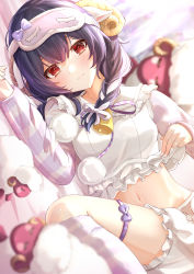 Rule 34 | 1girl, absurdres, blurry, blush, braid, closed mouth, depth of field, eye mask, frilled shirt collar, frills, hair between eyes, hair ribbon, highres, idolmaster, idolmaster shiny colors, kneehighs, long hair, long sleeves, looking at viewer, lying, mask, mask on head, midriff, morino rinze, navel, on bed, on side, red eyes, ribbon, shorts, sky cappuccino, socks, solo, stuffed animal, stuffed sheep, stuffed toy, white shorts