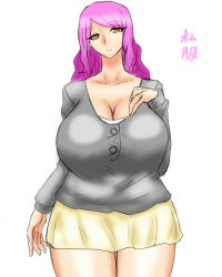Rule 34 | 1girl, breasts, brown eyes, cleavage, female focus, huge breasts, jewelry, mature female, miniskirt, original, purple hair, ring, shirt, simple background, skirt, solo, standing, thighs, wedding ring, white background, wiz-coolhait