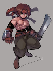 Rule 34 | 1boy, abs, baggy pants, black sleeves, brown gloves, brown hair, clenched hand, detached sleeves, disgaea, frown, full body, gloves, grey background, headband, highres, holding, holding sword, holding weapon, male focus, male warrior (disgaea), muscular, pants, red headband, topless male, solo, sword, tan, weapon, zako (arvinry)