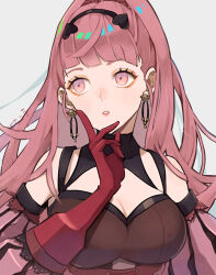Rule 34 | 1girl, bare shoulders, black hairband, breasts, cleavage, commentary request, detached sleeves, earrings, fire emblem, fire emblem: three houses, gloves, grey background, hairband, hand up, highres, hilda valentine goneril, hoop earrings, jewelry, large breasts, nintendo, pink eyes, pink hair, pink lips, red gloves, solo, upper body, yachimata 1205
