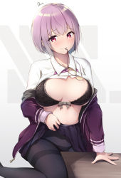 Rule 34 | 1girl, black bra, black pantyhose, black skirt, blush, bra, breasts, closed mouth, clothes lift, dermar, unworn eyewear, glasses, gradient background, grey background, gridman universe, highres, large breasts, lifted by self, looking at viewer, mouth hold, pantyhose, pink hair, red eyes, shinjou akane, shirt, shirt lift, short hair, skirt, skirt lift, smile, solo, ssss.gridman, underwear, white background, white shirt
