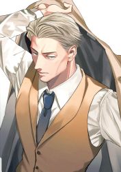 Rule 34 | 1boy, blonde hair, blue necktie, brown suit, brown vest, collared shirt, dressing, expressionless, formal, haine (xo hin), highres, jujutsu kaisen, long sleeves, looking at viewer, male focus, nanami kento, necktie, shirt, short hair, solo, suit, vest, white shirt