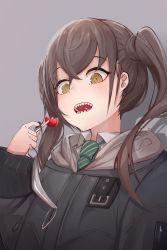 Rule 34 | 1girl, :o, anizi, black jacket, blush, brown eyes, brown hair, candy, collared shirt, commentary request, food, green necktie, grey background, hand up, highres, holding, holding candy, holding food, holding lollipop, hood, hood down, hooded jacket, idolmaster, idolmaster cinderella girls, jacket, lollipop, long hair, long sleeves, looking at viewer, necktie, open mouth, sharp teeth, shirt, sidelocks, simple background, sleeves past wrists, solo, striped necktie, striped neckwear, sunazuka akira, teeth, twintails, upper body, white shirt
