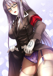 Rule 34 | 10s, 1girl, armband, belt, blue eyes, clothes lift, dies irae, dress, dress lift, garter belt, garter straps, glasses, gloves, hatori mia, highres, light purple hair, long hair, looking at viewer, military, military uniform, panties, parted lips, riza brenner, shinza bansho series, thighhighs, underwear, uniform