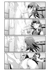 Rule 34 | 10s, 1girl, 4koma, absurdres, ankoman, anus, ass, bar censor, bent over, black eyes, black hair, blush, bow, bowtie, breath, cardigan, censored, clothes lift, comic, condom, deepthroat, erection, closed eyes, fellatio, floating hair, gridman universe, groin, highres, indoors, legs, long hair, looking back, monochrome, navel, no panties, open mouth, oral, penis, pointless censoring, pubic hair, pussy, pussy juice, saliva, scrunchie, sequential, skirt, skirt lift, solo focus, speed lines, ssss.gridman, standing, sweater, takarada rikka, testicles, thighs, wet, white cardigan, white sweater, wrist scrunchie