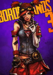 Rule 34 | 1girl, :p, absurdres, bandaid, bandaid on face, belt, black nails, borderlands (series), borderlands 3, breasts, choker, commentary, copyright name, english commentary, fingerless gloves, gaige, gloves, goggles, goggles on head, green eyes, highres, jewelry, looking at viewer, m/, mechanical arms, monori rogue, nail polish, necklace, nose, o-ring, o-ring choker, off shoulder, red gloves, red hair, red skirt, short twintails, single fingerless glove, single mechanical arm, skirt, small breasts, solo, striped legwear, sunglasses on head, sweat, tinted eyewear, tongue, tongue out, twintails, yellow-tinted eyewear