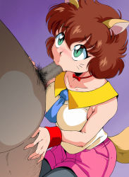 Rule 34 | 1girl, :&gt;=, amedama akihito, animal ears, blush, bow, bowtie, breasts, brown hair, cat ears, cat tail, censored, clothed female nude male, fellatio, from above, green eyes, hair between eyes, koto (yu yu hakusho), legs, looking at another, male pubic hair, medium breasts, mosaic censoring, nude, old school academy, oral, pantyhose, penis, pubic hair, purple background, red neckwear, short hair, shorts, simple background, sitting, sleeveless, standing, tail, thighs, yuu yuu hakusho