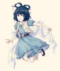 Rule 34 | 1girl, bad id, bad pixiv id, beige background, belt, black belt, black footwear, blue dress, blue eyes, blue hair, collarbone, commentary request, dress, drill hair, flower, full body, hair ornament, hair rings, hair stick, highres, kaku seiga, leaf, looking at viewer, open mouth, petticoat, pink flower, puffy short sleeves, puffy sleeves, red ribbon, ribbon, shawl, shoes, short hair, short sleeves, simple background, smile, socks, solo, sparkle, touhou, twin drills, uranaishi (miraura), white socks