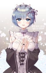 Rule 34 | 1girl, 2019, 2020, blue eyes, blue hair, blush, breasts, cleavage, commentary, detached sleeves, dress, frills, hair ornament, hair over one eye, hair ribbon, highres, large breasts, looking at viewer, maid, maid headdress, new year, open mouth, poho, re:zero kara hajimeru isekai seikatsu, red ribbon, rem (re:zero), ribbon, short hair, smile, solo, x hair ornament