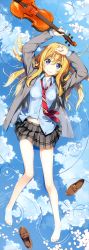 Rule 34 | 10s, 1girl, :3, absurdres, barefoot, blazer, blonde hair, blue eyes, blue sky, cherry blossoms, day, feet, from above, full body, highres, huge filesize, instrument, jacket, kantoku, loafers, long hair, looking at viewer, lying, miyazono kawori, navel, necktie, on back, partially submerged, petals, reflection, ripples, scan, school uniform, shigatsu wa kimi no uso, shoes, unworn shoes, sky, solo, toes, violin