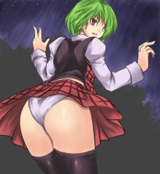 Rule 34 | 1girl, ass, bad id, bad pixiv id, black thighhighs, blush, female focus, forest, from behind, glowing, green hair, hip focus, jiete, kazami yuuka, looking back, nature, night, night sky, open mouth, outstretched arms, panties, pantyshot, plaid, plaid skirt, plaid vest, short hair, skirt, skirt set, sky, socks, solo, spread arms, star (sky), starry sky, thighhighs, touhou, underwear, upskirt, vest, white panties