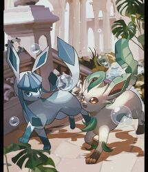 Rule 34 | black border, blue eyes, blue skin, border, brown eyes, bubble, colored skin, column, creatures (company), flower, game freak, gen 4 pokemon, glaceon, highres, leafeon, looking at another, nintendo, no humans, open mouth, outdoors, pillar, plant, pokemon, pokemon (creature), reo (mmocc123), rose, shadow, smile, water