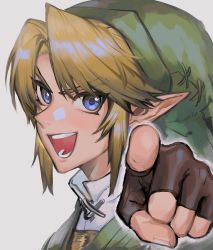 Rule 34 | 1boy, bibabunie, blonde hair, blue eyes, brown gloves, earrings, fingerless gloves, gloves, green hat, grey background, hat, highres, jewelry, link, looking at viewer, male focus, nintendo, open mouth, pointing, pointing at viewer, pointy ears, portrait, simple background, solo, the legend of zelda, tunic