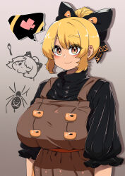 Rule 34 | 1girl, absurdres, black bow, black shirt, blonde hair, blush, bow, breasts, brown background, brown dress, brown eyes, bug, closed mouth, commentary request, dress, extra eyes, eyes visible through hair, frilled sleeves, frills, gradient background, hair between eyes, hair bow, hair bun, heart, highres, huge breasts, kurodani yamame, looking at viewer, medium bangs, pinafore dress, rinyamame, shadow, shirt, short hair, short sleeves, single hair bun, sleeveless, sleeveless dress, smile, solo, spider, spoken heart, touhou, upper body