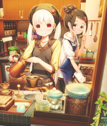 Rule 34 | 2girls, aiuabo, albino, apron, black apron, blonde hair, blue apron, blush, bottle, bowl, breasts, brown eyes, brown hair, cabinet, coffee, coffee beans, coffee grinder, collarbone, commentary request, eating, from outside, hair bun, hair ornament, head scarf, highres, jar, kitchen, kitchen scale, long hair, looking at viewer, multiple girls, original, oven mitts, petite, plant, red eyes, shelf, shirt, sidelocks, sign, single hair bun, small breasts, smile, teapot, twintails, very long hair, vines, weighing scale, whisk, white shirt, window, yellow shirt