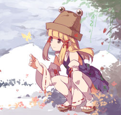 Rule 34 | 1girl, blonde hair, bottle, brown eyes, bug, butterfly, detached sleeves, dress, geta, hair ribbon, hat, insect, long sleeves, moriya suwako, purple dress, ribbon, smile, solo, squatting, thighhighs, toeless legwear, toes, touhou, white thighhighs, wide sleeves, yetworldview kaze