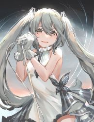 Rule 34 | 1girl, absurdres, bug, butterfly, dress, gloves, gradient background, grey gloves, grey hair, hair between eyes, hatsune miku, highres, holding, holding microphone, insect, looking at viewer, microphone, microphone stand, paru (parucom), sleeveless, sleeveless dress, solo, standing, twintails, vocaloid, white dress
