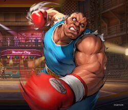 Rule 34 | balrog (street fighter), bar (place), boxer, boxing gloves, dark skin, motion blur, muscular, muscular male, official art, punching, shorts, street fighter, street fighter: duel, tank top, teeth