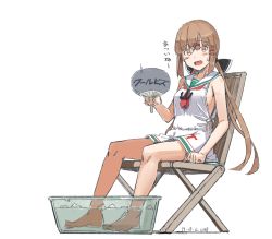 Rule 34 | 1girl, :d, artist name, basin, black ribbon, breasts, brown hair, chair, cosplay, dated, full body, hair ornament, hairclip, hand fan, ice, kantai collection, kawashina (momen silicon), libeccio (kancolle), libeccio (kancolle) (cosplay), neckerchief, no headwear, on chair, open mouth, red neckerchief, ribbon, sailor collar, sideboob, simple background, sitting, sleeveless, small breasts, smile, soaking feet, solo, star (symbol), sweat, tashkent (kancolle), twintails, white background, white sailor collar