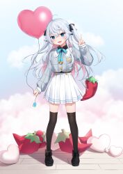 Rule 34 | 1girl, :d, absurdres, amashiro natsuki, bag, balloon, black bow, black footwear, black shirt, black thighhighs, blue bow, blue eyes, blush, bow, chili pepper, collared shirt, commentary request, fang, full body, grey hair, grey jacket, hair between eyes, hair bow, hand up, head tilt, heart balloon, highres, holding, holding balloon, indie virtual youtuber, jacket, kagura nana, long hair, long sleeves, looking at viewer, multicolored hair, open mouth, pink hair, pleated skirt, puffy long sleeves, puffy sleeves, shirt, shoes, shoulder bag, skirt, sleeves past wrists, smile, solo, standing, thighhighs, two-tone hair, two side up, v, very long hair, virtual youtuber, white skirt