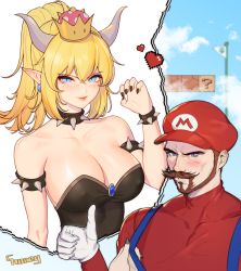 Rule 34 | 1boy, 1girl, absurdres, armlet, artist name, bare shoulders, beard, black nails, blonde hair, blue eyes, blush, bowsette, bracelet, breasts, c.honey, cleavage, collar, crown, earrings, facial hair, gloves, hat, heart, highres, horns, jewelry, large breasts, lips, long hair, looking at viewer, mario, mario (series), mustache, nail polish, new super mario bros. u deluxe, nintendo, pointy ears, ponytail, sidelocks, signature, smile, spiked armlet, spiked bracelet, spiked collar, spikes, super crown, super mario bros. 1, suspenders, thumbs up, white gloves