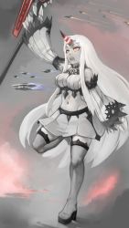 Rule 34 | 10s, 1girl, abyssal ship, adapted costume, aircraft, arm up, bare shoulders, boots, breasts, claws, cloud, cloudy sky, colored skin, cropped sweater, day, detached sleeves, full body, glowing horns, grey sky, highres, holding, holding weapon, horns, kantai collection, knee boots, large breasts, leg up, long hair, long sleeves, midriff, miniskirt, navel, open mouth, orange eyes, outdoors, paintrfiend, pleated skirt, ribbed sweater, seaport princess, single horn, skirt, sky, smoke, solo, standing, standing on one leg, sweater, thighhighs, very long hair, weapon, white hair, white skin, white skirt, white sweater