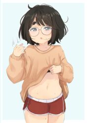 Rule 34 | 1girl, absurdres, black eyes, black hair, clothes lift, commentary, cowboy shot, creator (neneneqo), dolphin shorts, glasses, highres, hot, midriff, navel, neqo (neneneqo), orange sweater, original, red shorts, short shorts, shorts, solo, sweat, sweater, sweater lift, symbol-only commentary, thick eyebrows