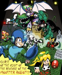 Rule 34 | 2girls, 5boys, arm cannon, blonde hair, claws, creature, dress, elec man, ice man, joints, multiple boys, multiple girls, plant, plant man, ponytail, red dress, robot, robot girl, robot joints, mega man (series), mega man (character), mega man (classic), rockman (game), mega man 4, mega man 6, mega man 7, roll (mega man), shade man, skull man, stage lights, vampire, weapon, wings
