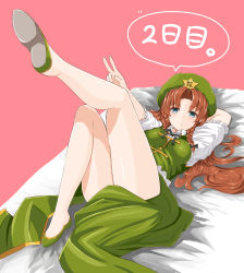 Rule 34 | 1girl, bed, bed sheet, beret, blue eyes, blush, braid, breasts, dress, female focus, green baret, green dress, green footwear, green hat, hat, highres, hip focus, hong meiling, leg up, long hair, lying, pink background, red hair, shoes, simple background, solo, speech bubble, temari rin, thighs, touhou, twin braids, v