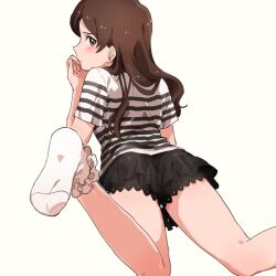 1girl ass black_shirt black_skirt blush brown_eyes brown_hair closed_mouth from_behind idolmaster idolmaster_million_live! idolmaster_million_live!_theater_days kitazawa_shiho leg_up long_hair looking_at_viewer looking_back lying miniskirt on_stomach shirop_imas shirt short_sleeves simple_background skirt socks solo striped_clothes striped_shirt two-tone_shirt white_background white_shirt white_socks