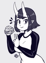 Rule 34 | 1girl, 2020, breasts, cinna (taggo), closed mouth, food, greyscale, burger, happy, highres, holding, holding food, horns, large breasts, long sleeves, looking at viewer, monochrome, oni, oni horns, original, pointy ears, short hair, smile, solo, taggo, upper body, v