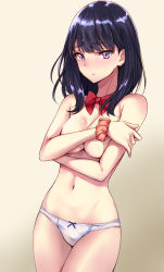 Rule 34 | 10s, 1girl, black hair, bow, bowtie, breasts, cleavage, covering privates, covering breasts, gradient background, gridman universe, highres, long hair, long sleeves, looking at viewer, medium breasts, navel, panties, purple eyes, red bow, red bowtie, scrunchie, simon (n.s craft), solo, ssss.gridman, swept bangs, takarada rikka, thighs, topless, underwear, white panties, wrist scrunchie