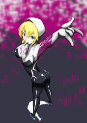 Rule 34 | 1girl, \m/, absurdres, animification, ass, blonde hair, blue eyes, blush stickers, bodysuit, breasts, from behind, gwen stacy, highres, hone ryu, looking back, marvel, mask, unworn mask, mouth hold, short hair, skin tight, solo, spider-gwen, spider-man (series), spider web print, superhero costume