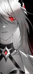 Rule 34 | 1girl, acheron (honkai: star rail), ain11131, black background, black choker, bright pupils, choker, collarbone, commentary request, criss-cross halter, glowing, glowing eye, gradient background, greyscale with colored background, hair ornament, halterneck, highres, honkai: star rail, honkai (series), jacket, korean commentary, looking at viewer, parted lips, red background, red eyes, shade, solo, spot color, white hair, white jacket, white pupils
